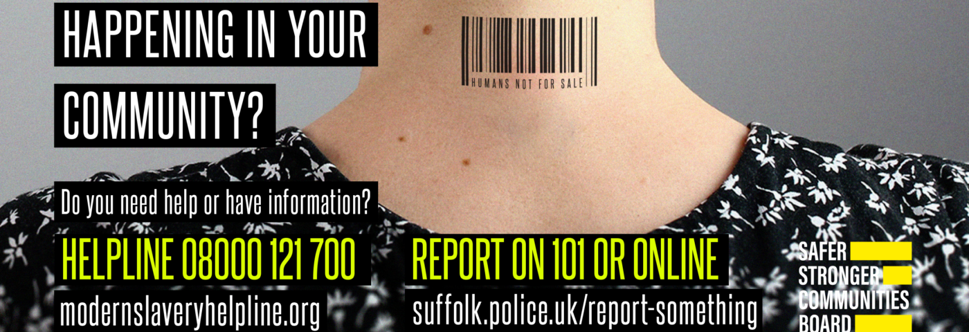 modern slavery poster showing female with contact detail for support barcoded on her neck