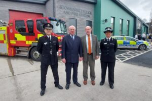 Suffolk’s Chief Fire Officer, Suffolk County Council’s Cabinet Member for Public Protection Councillor Andrew Reid, Suffolk’s PCC, Suffolk’s Chief Constable standing outside Stowmarket’s new joint Police and Fire Station